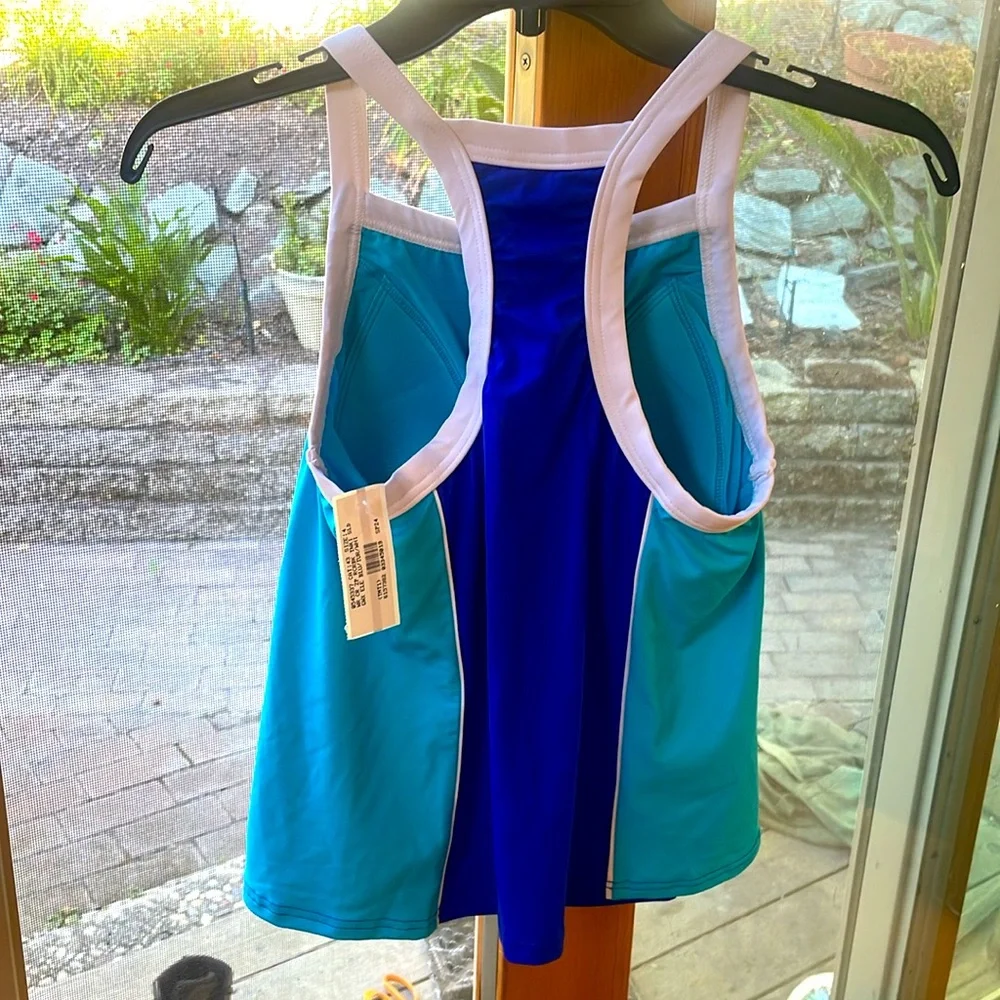 Lands’ End High Neck Zip Racerback Tankini Electric blu turquoise white Sz 2 NWT